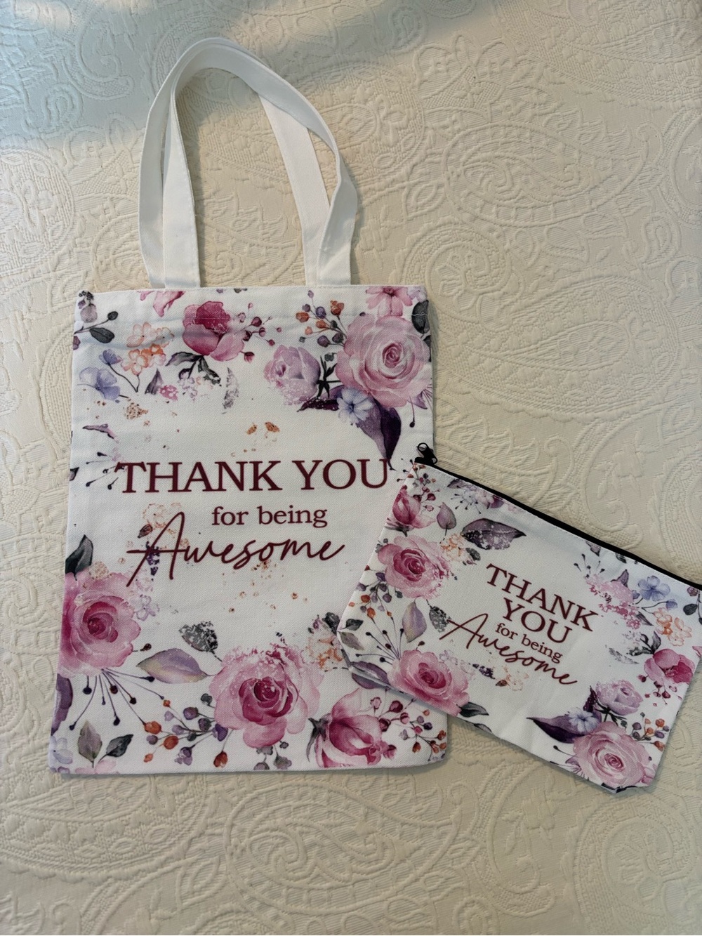 Thank You Floral Tote & Pouch Set - Pink